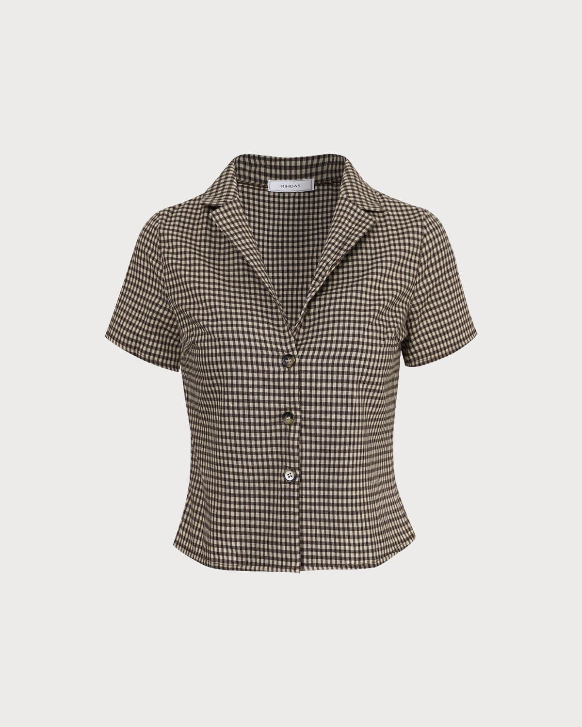 Ella Paris™ | La blouse marron à carreaux avec col à revers et manches courtes