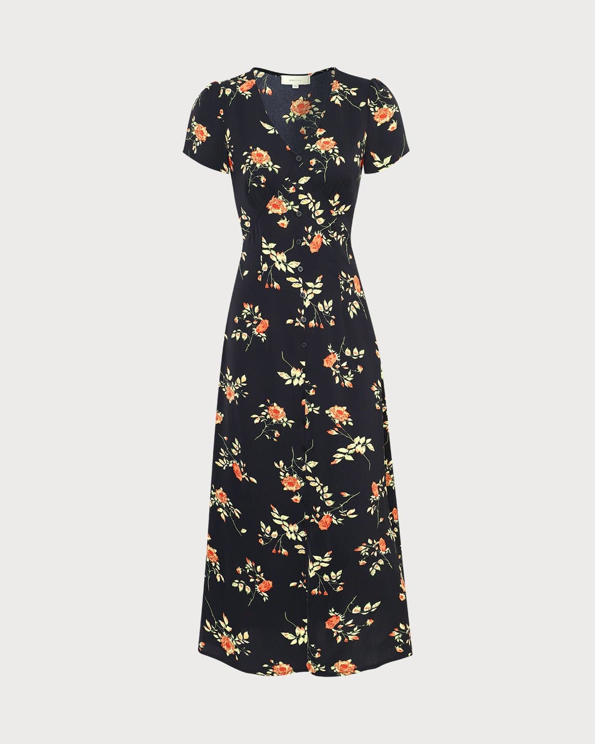 Ella Paris™ | La robe longue noire à col en V et à manches courtes à motif floral