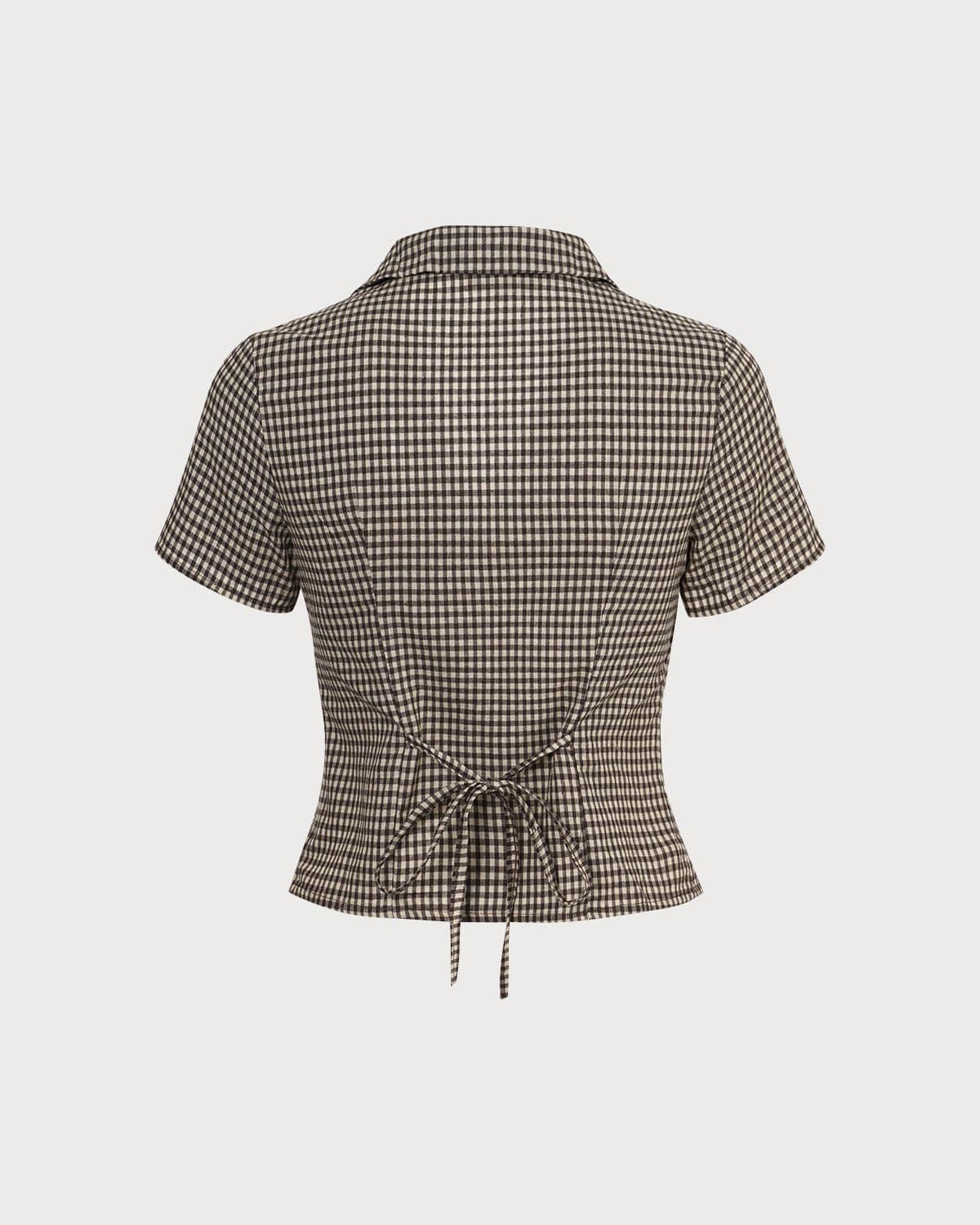 Ella Paris™ | La blouse marron à carreaux avec col à revers et manches courtes