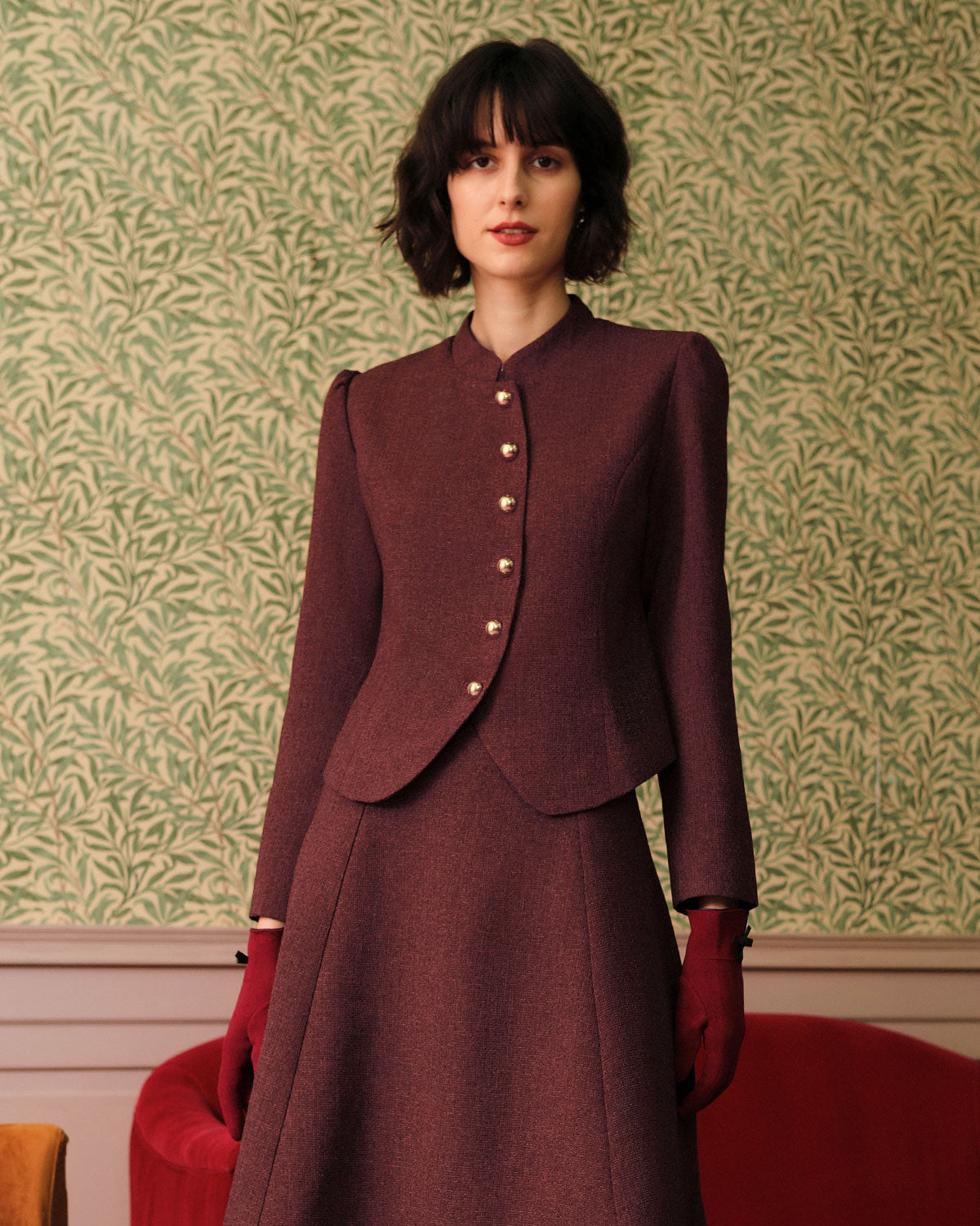 Ella Paris™ | Veste en tweed à simple boutonnage rétro bourgogne