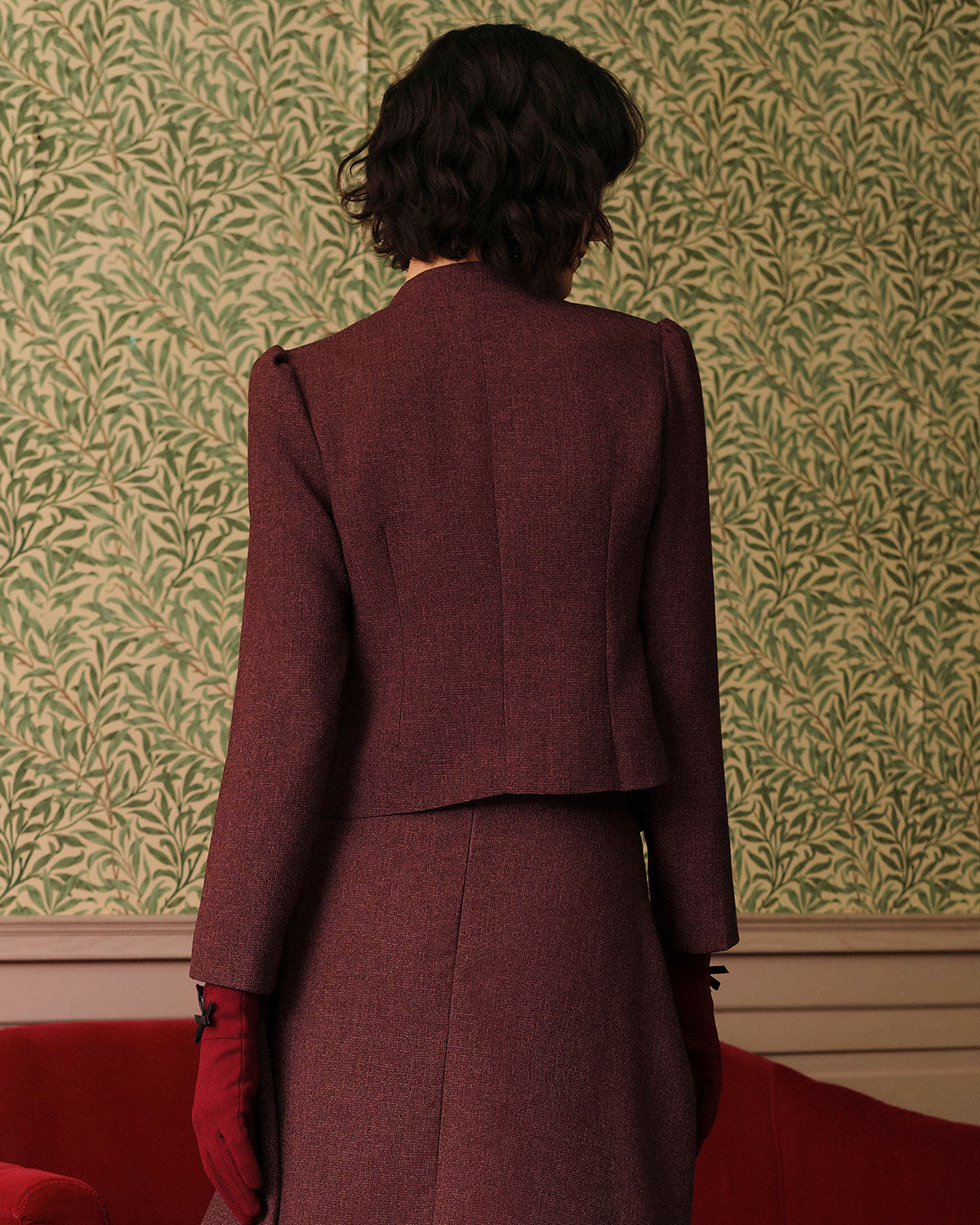 Ella Paris™ | Veste en tweed à simple boutonnage rétro bourgogne