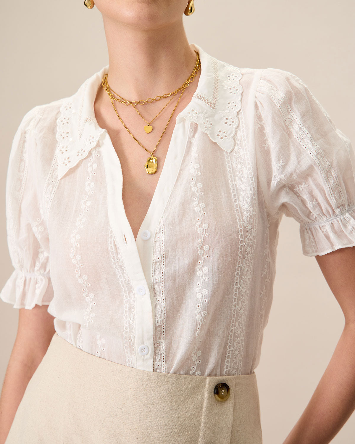 Ella Paris™ | Chemisier en coton à col blanc et broderie en dentelle pour femmes