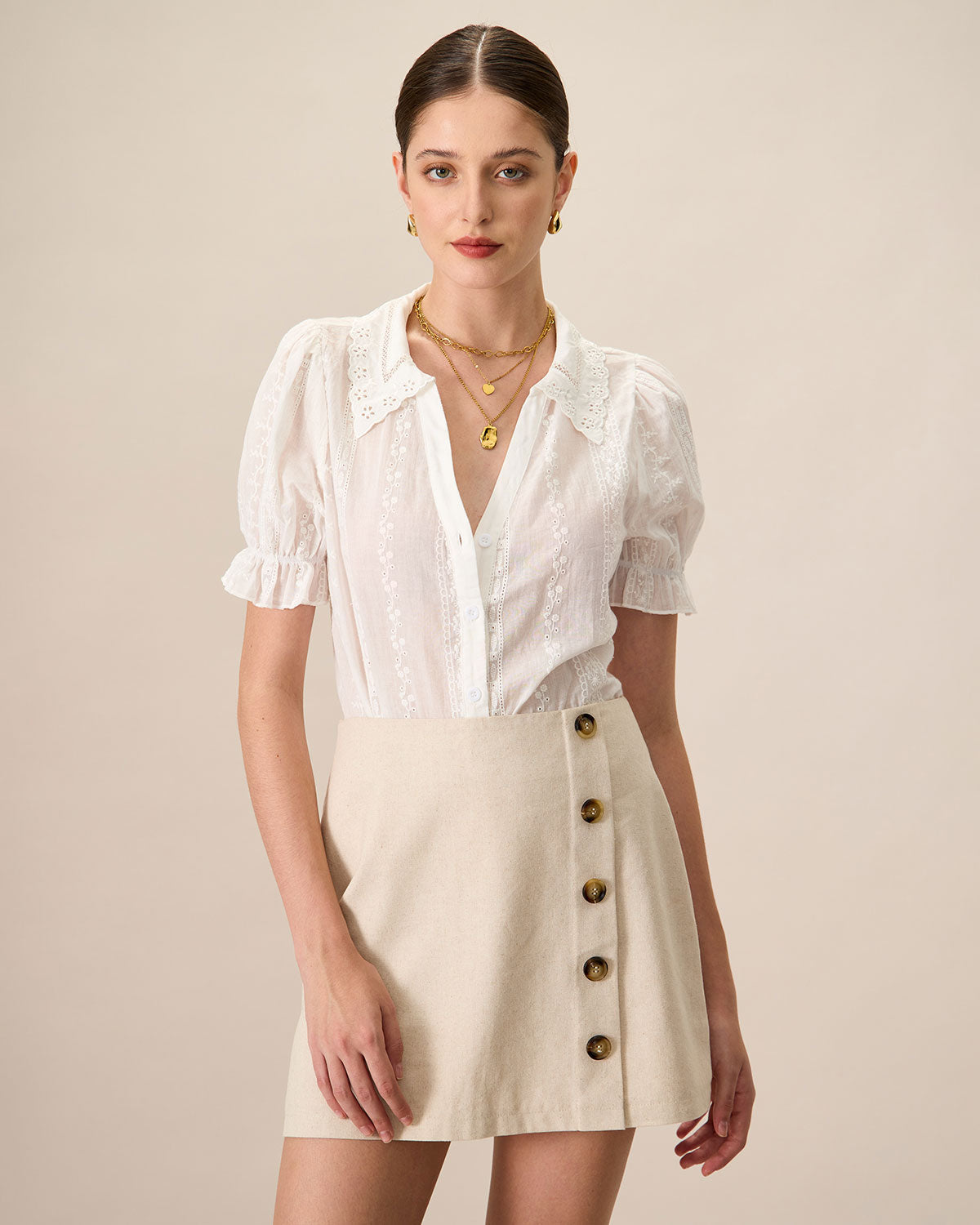 Ella Paris™ | Chemisier en coton à col blanc et broderie en dentelle pour femmes