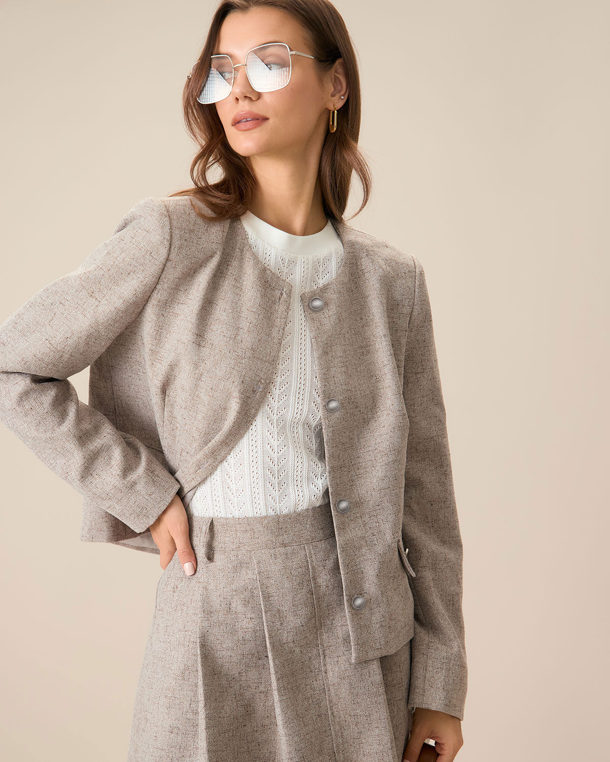 Ella Paris™ | Veste kaki à col rond et à simple boutonnage