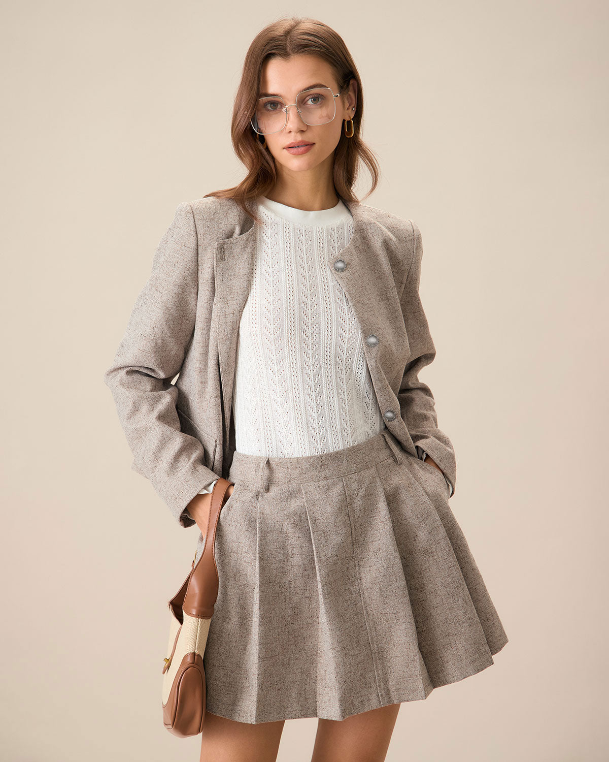 Ella Paris™ | Veste kaki à col rond et à simple boutonnage