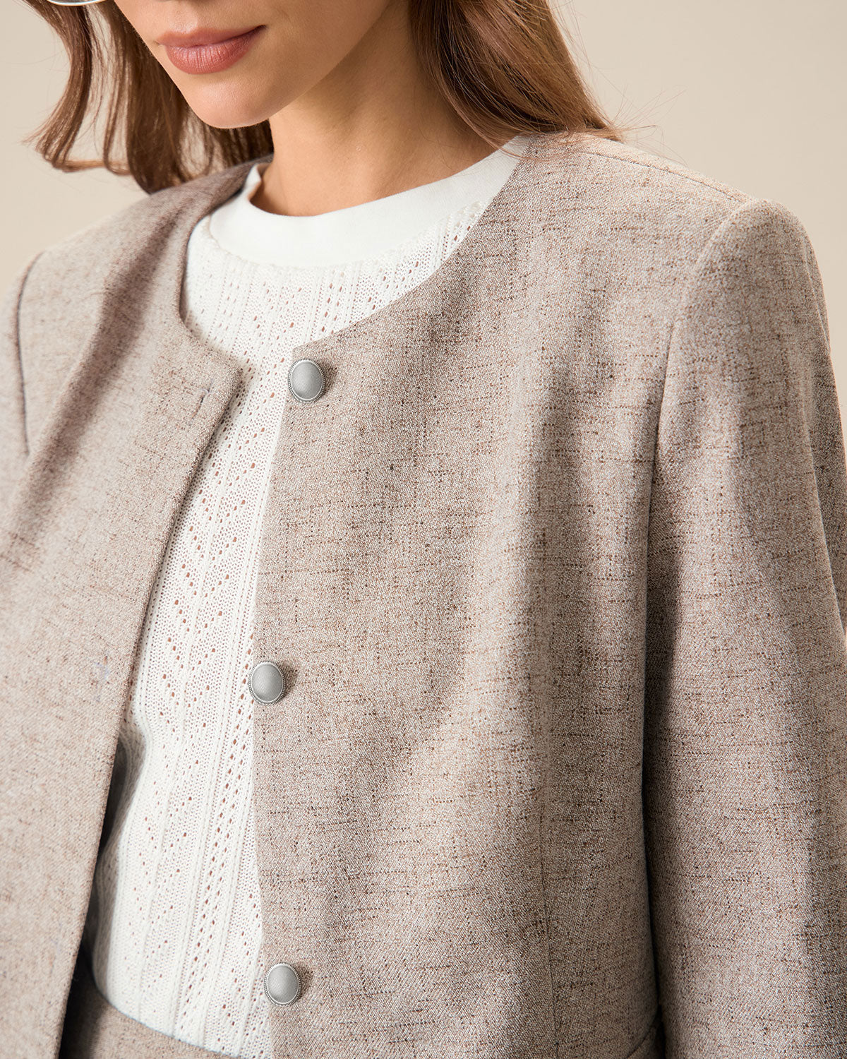 Ella Paris™ | Veste kaki à col rond et à simple boutonnage