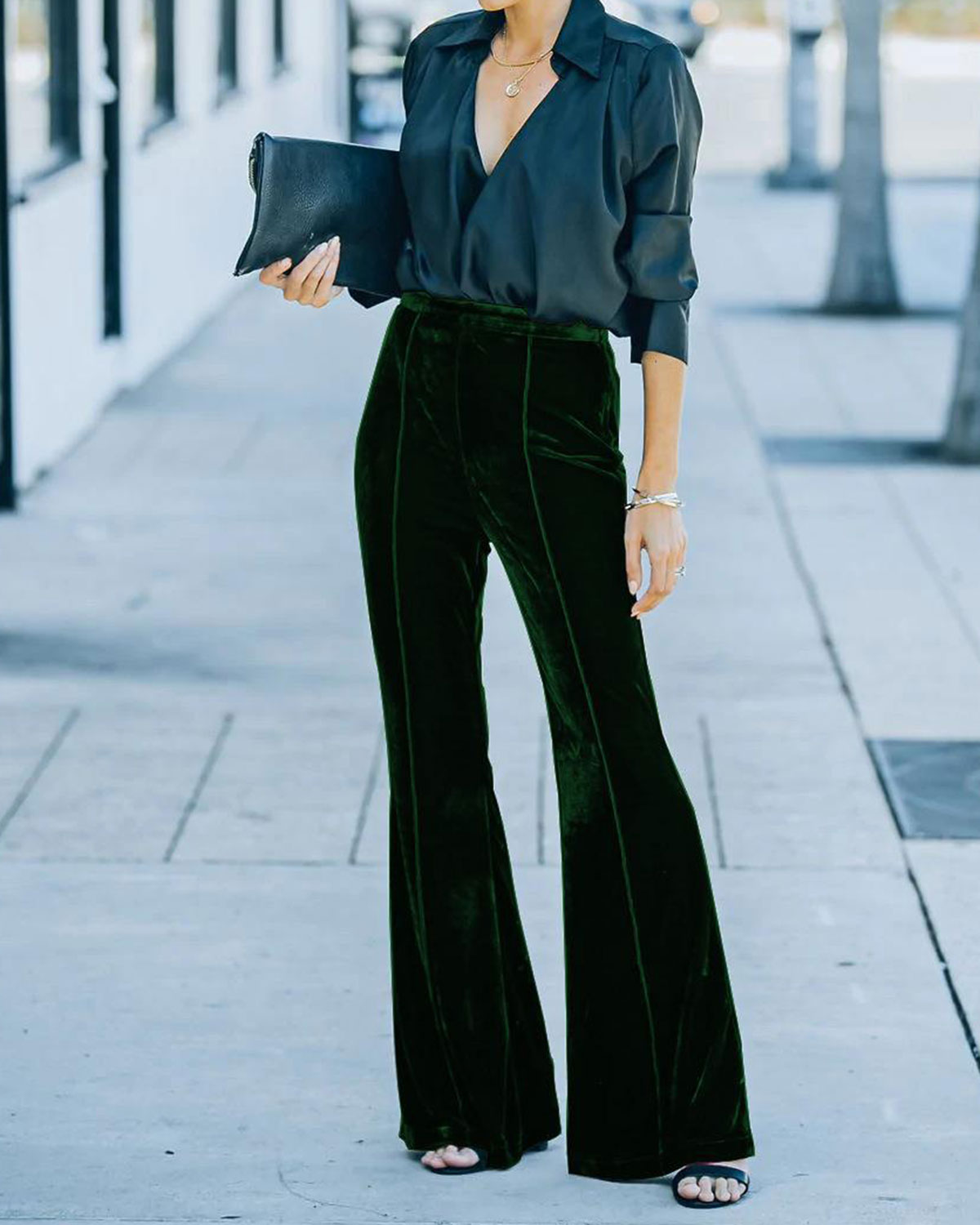 Ella Paris™ | Pantalon décontracté à taille naturelle en velours vert