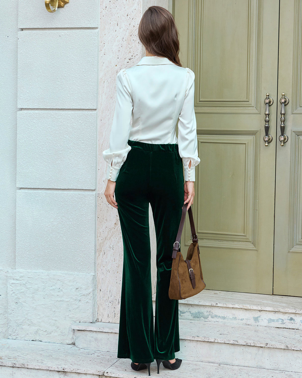 Ella Paris™ | Pantalon décontracté à taille naturelle en velours vert