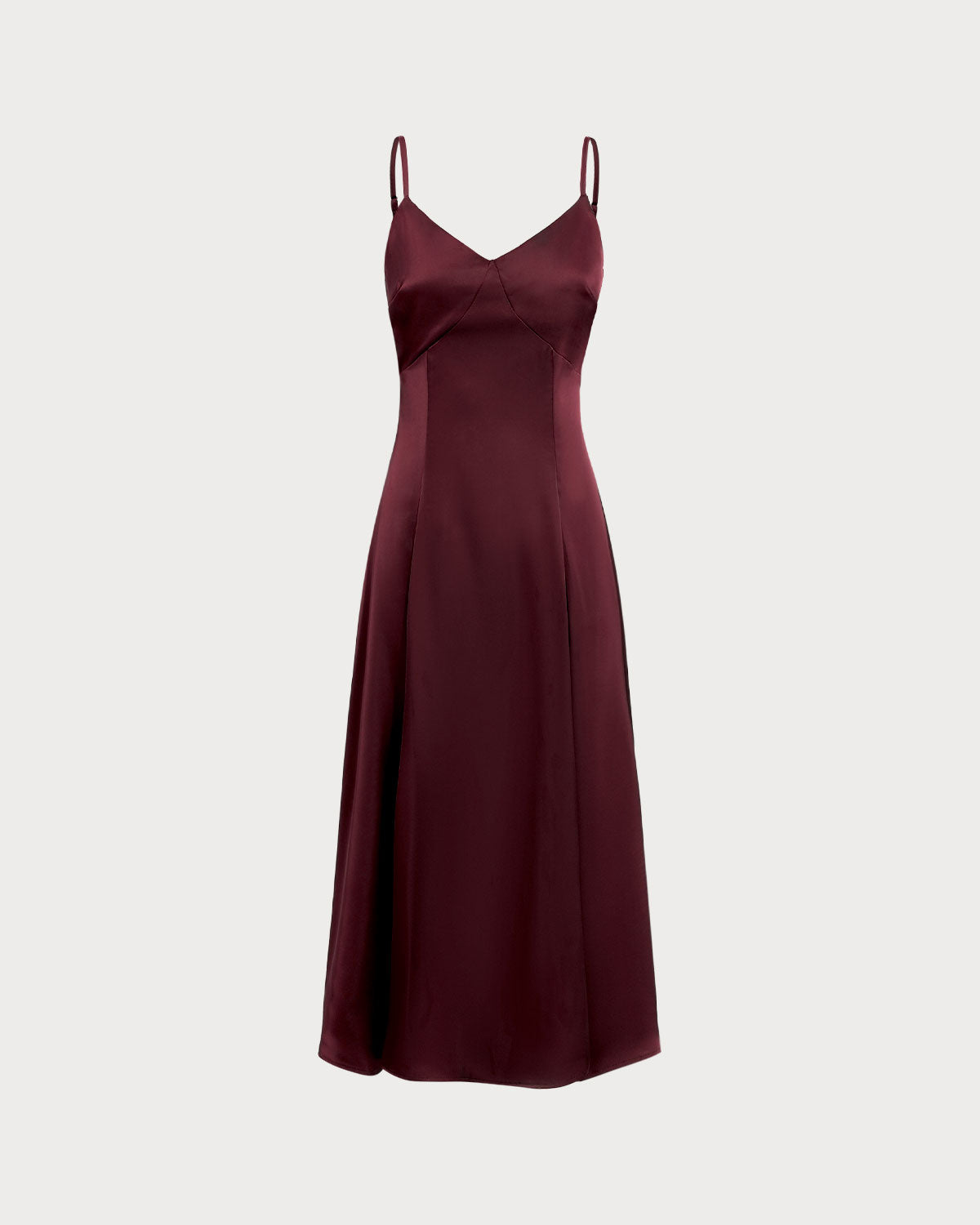 Ella Paris™ | Robe longue trapèze en satin rouge bordeaux à fines bretelles