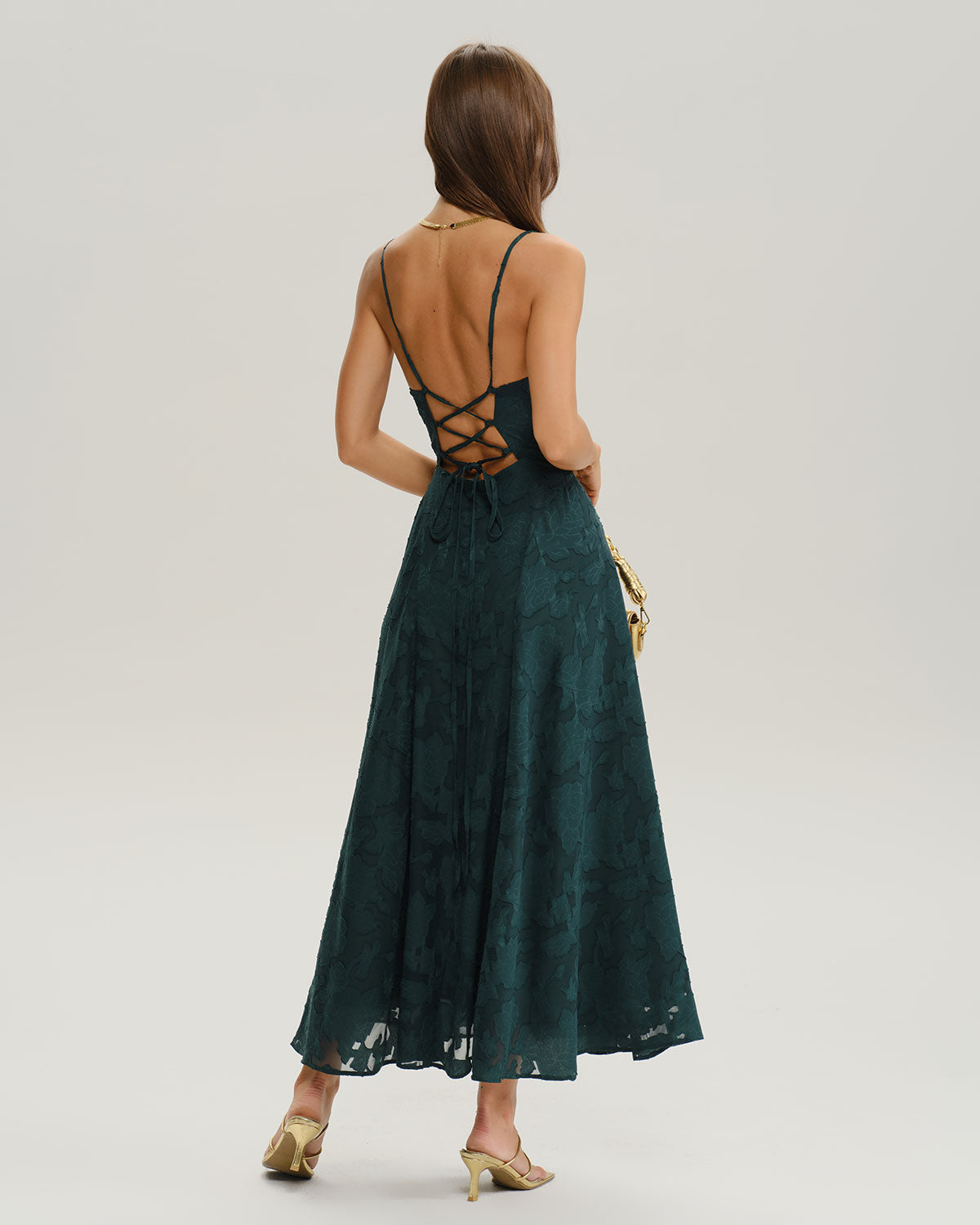 Ella Paris™ | Robe longue trapèze verte en jacquard à fines bretelles