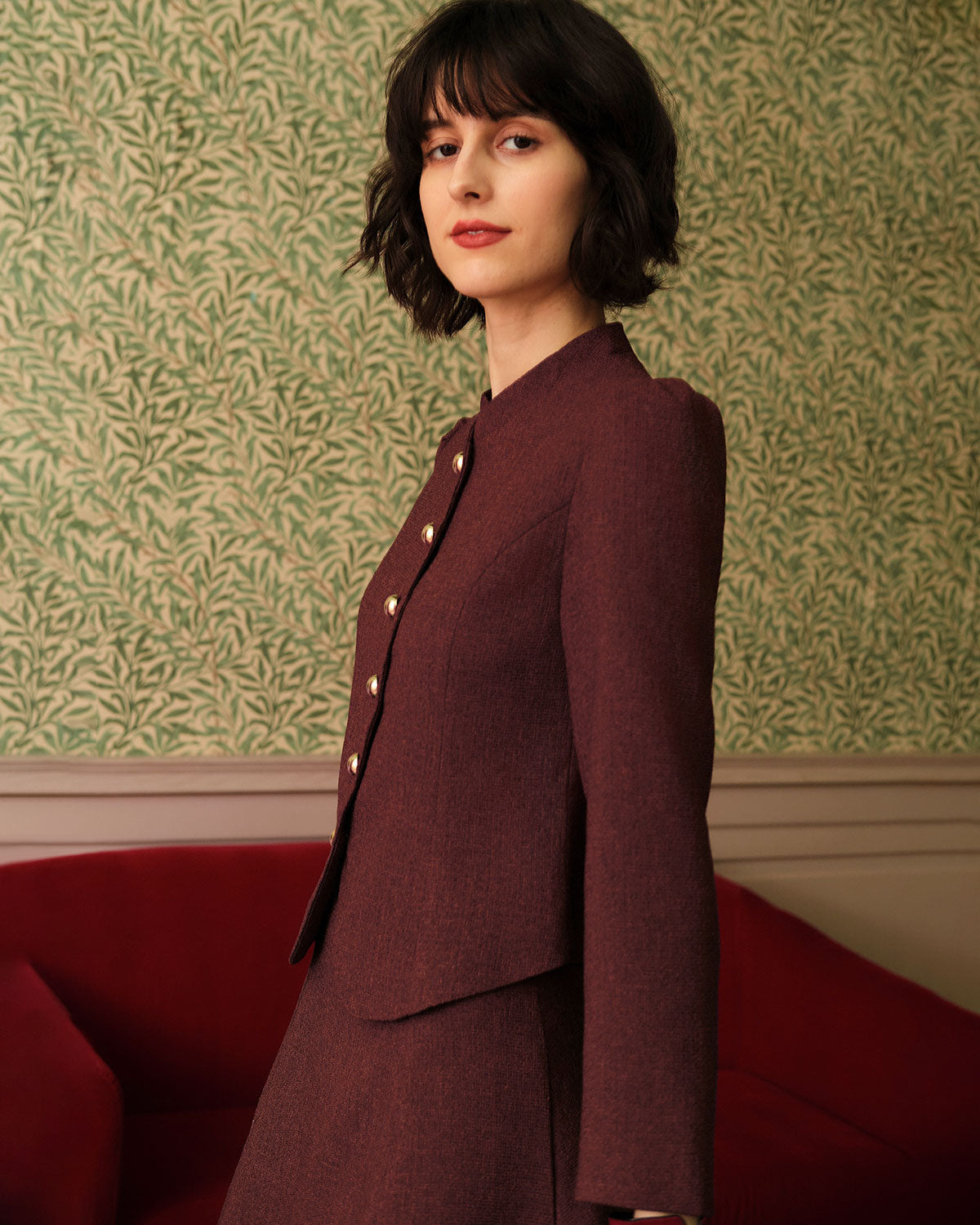 Ella Paris™ | Veste en tweed à simple boutonnage rétro bourgogne