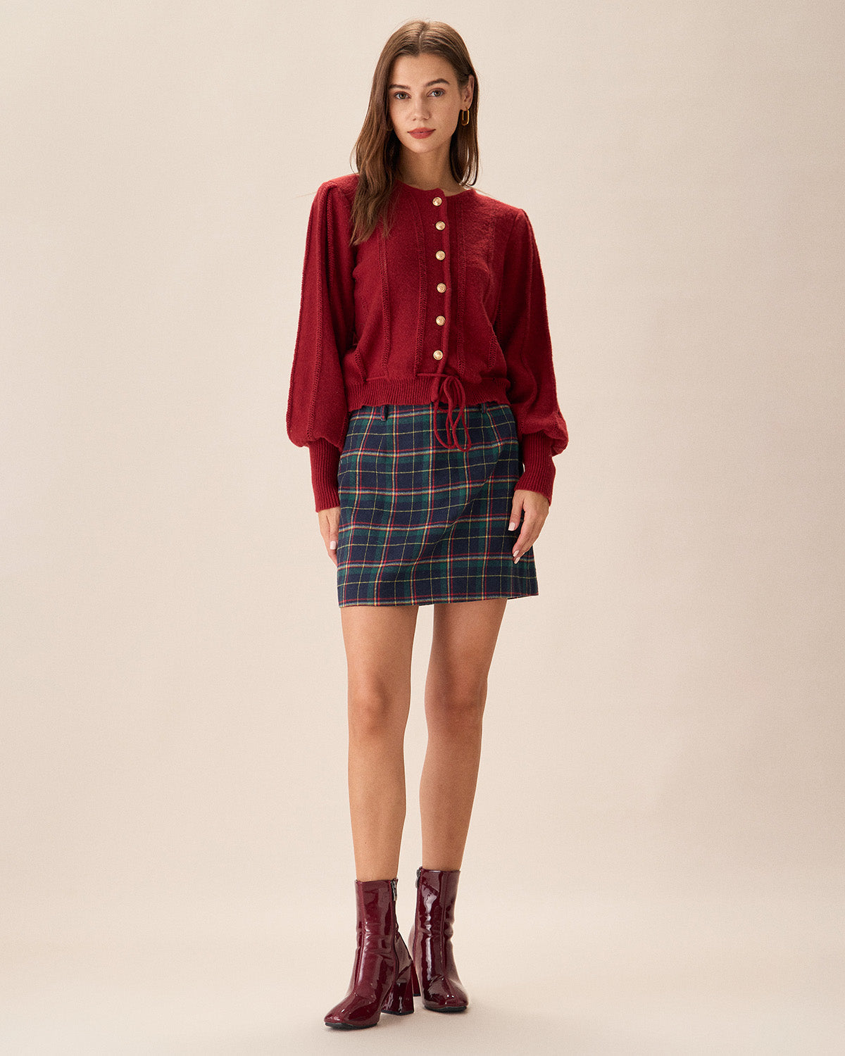 Ella Paris™ | Cardigan rouge à manches lanternes et boutonnage simple