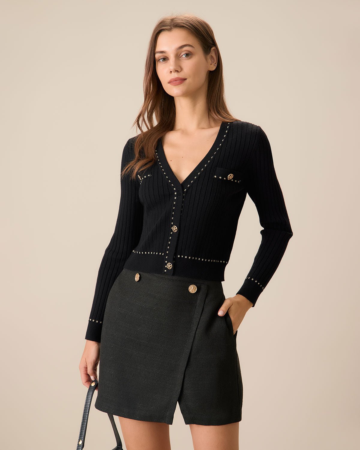 Ella Paris™ | Cardigan noir contrasté à simple boutonnage