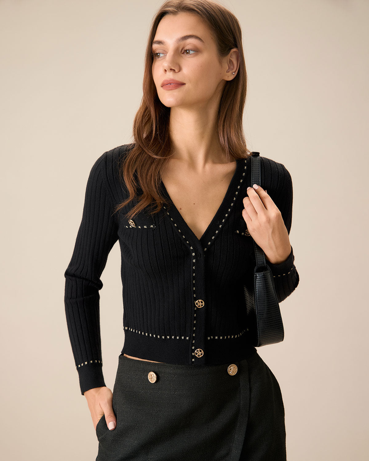 Ella Paris™ | Cardigan noir contrasté à simple boutonnage
