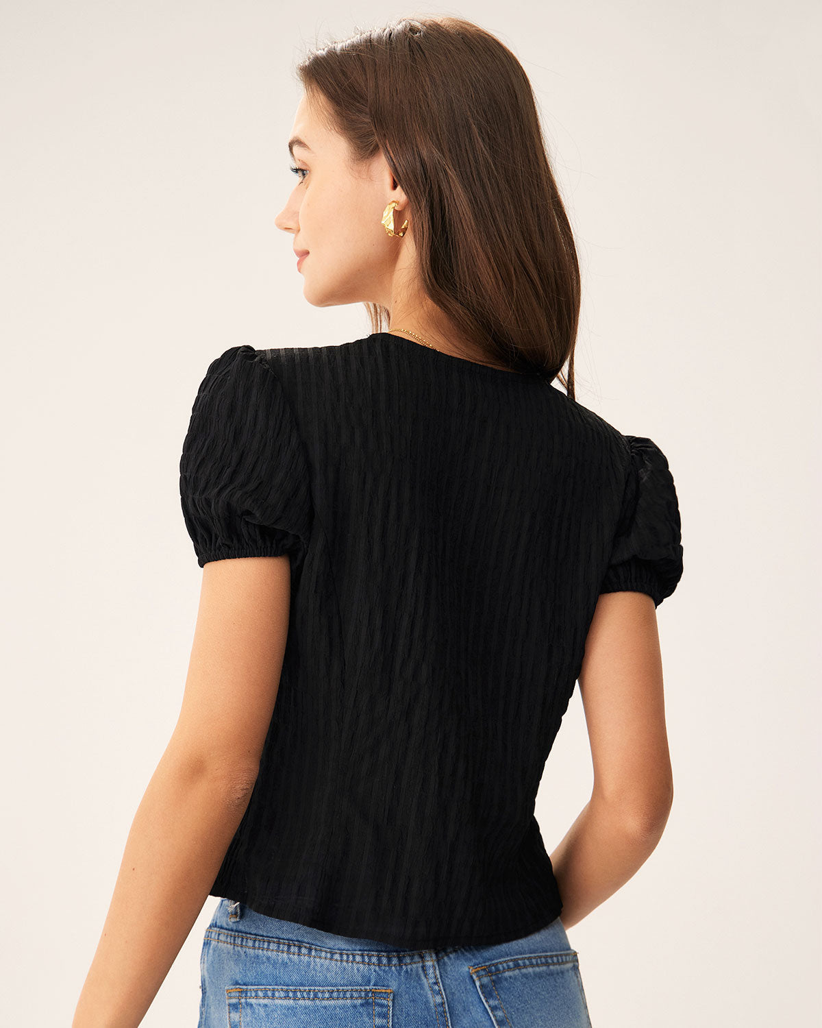 Ella Paris™ | Blouse à boutons en dentelle Jacquard noire
