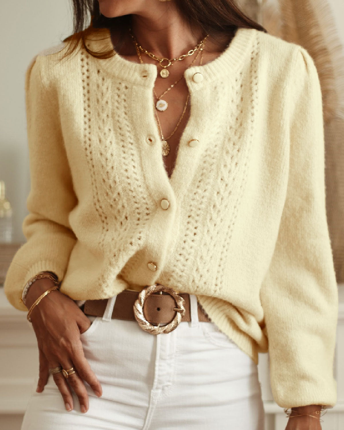 Ella Paris™ | Cardigan en tricot à col rond abricot