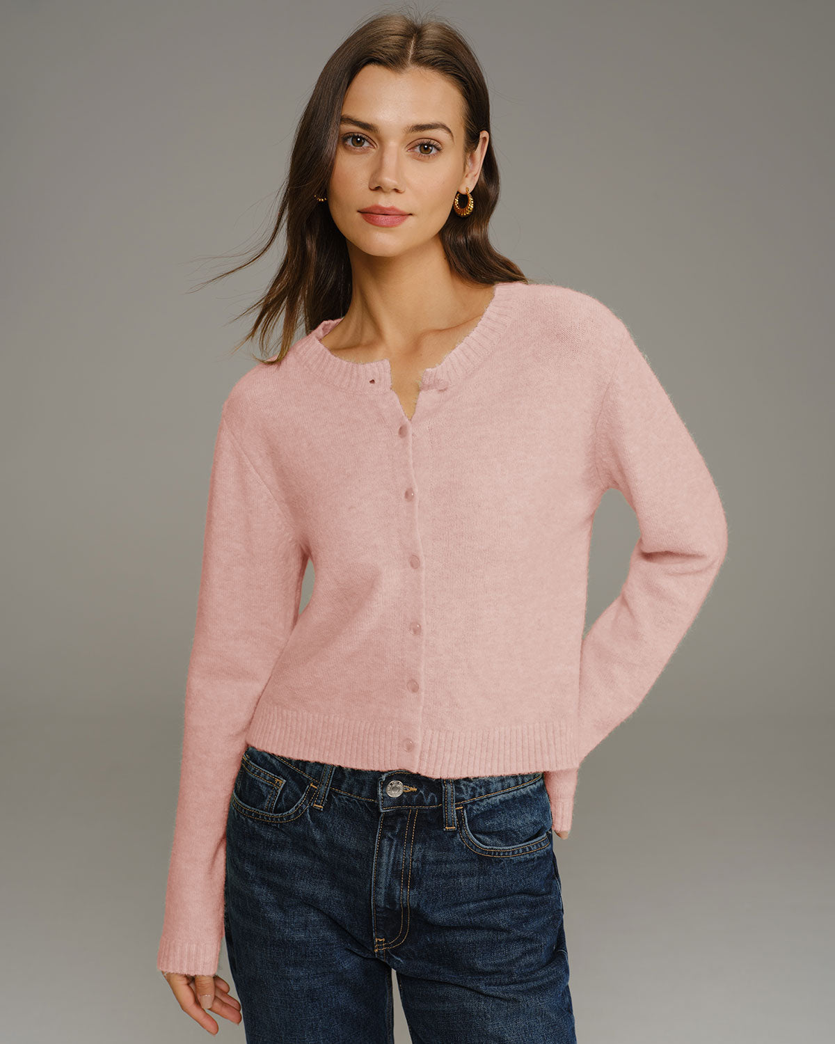 Ella Paris™ | Cardigan en tricot à col rond rose