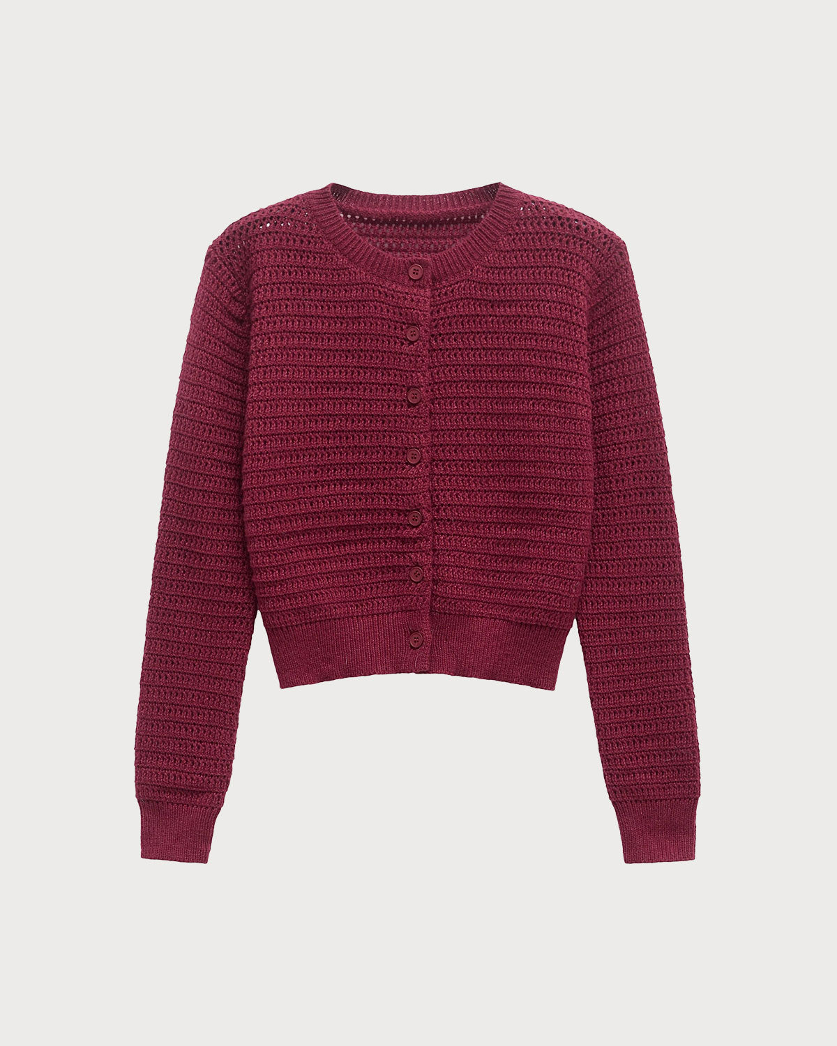 Ella Paris™ | Cardigan en maille rouge bordeaux à col rond et boutonnage simple