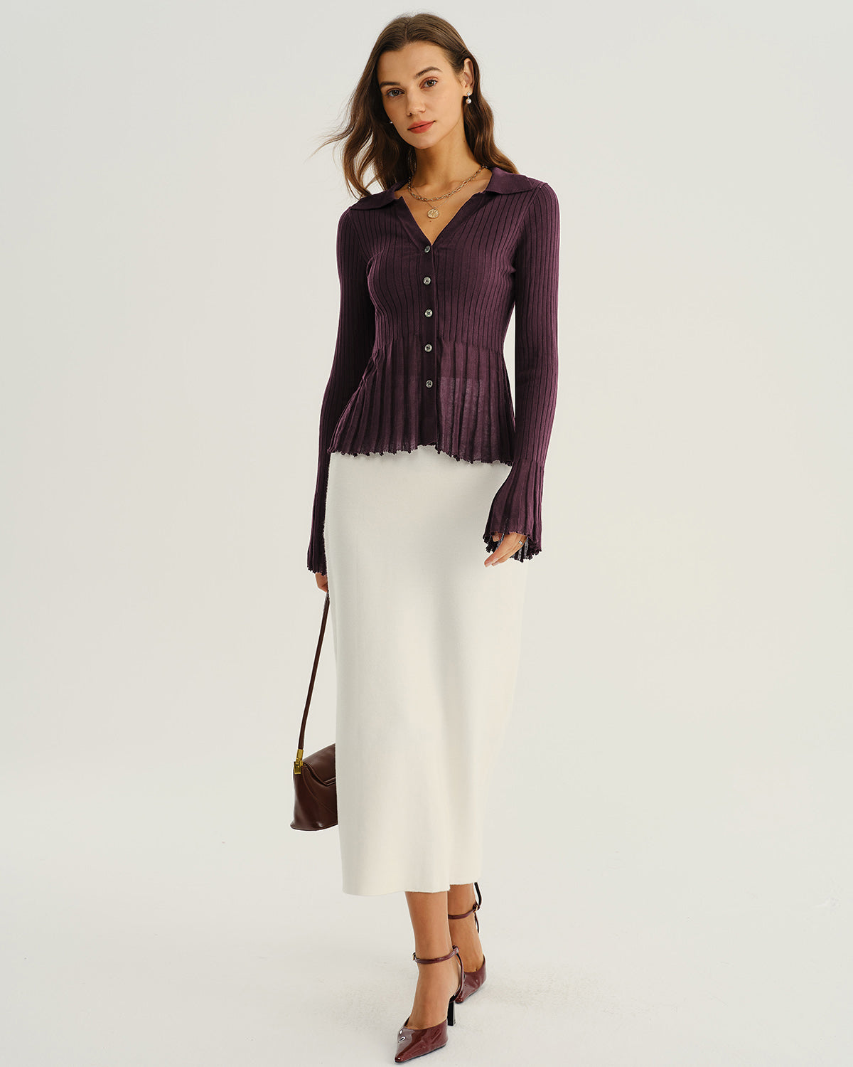 Ella Paris™ | Cardigan en tricot côtelé à boutons violet