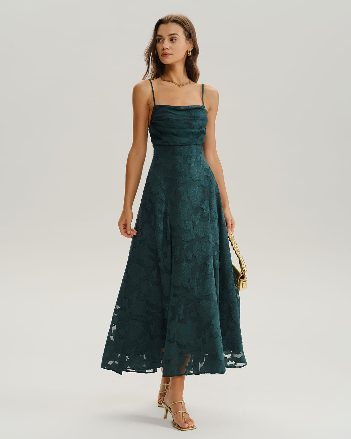 Ella Paris™ | Robe longue trapèze verte en jacquard à fines bretelles