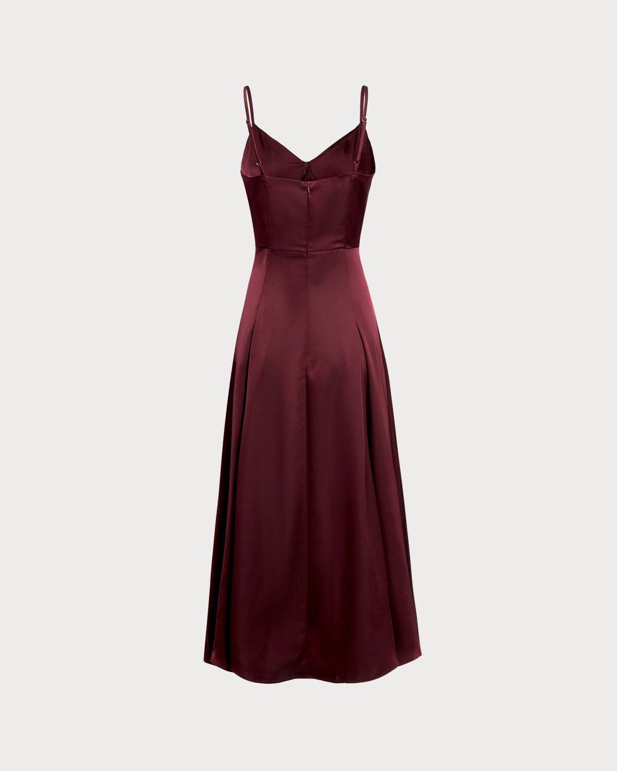 Ella Paris™ | Robe longue trapèze en satin rouge bordeaux à fines bretelles