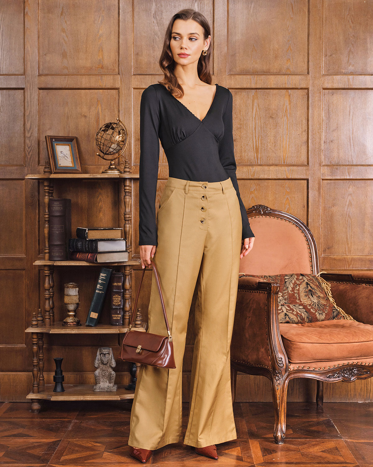Ella Paris™ | Khaki Natural Waisted Pocket Flared Pants (Pantalon évasé à poches)